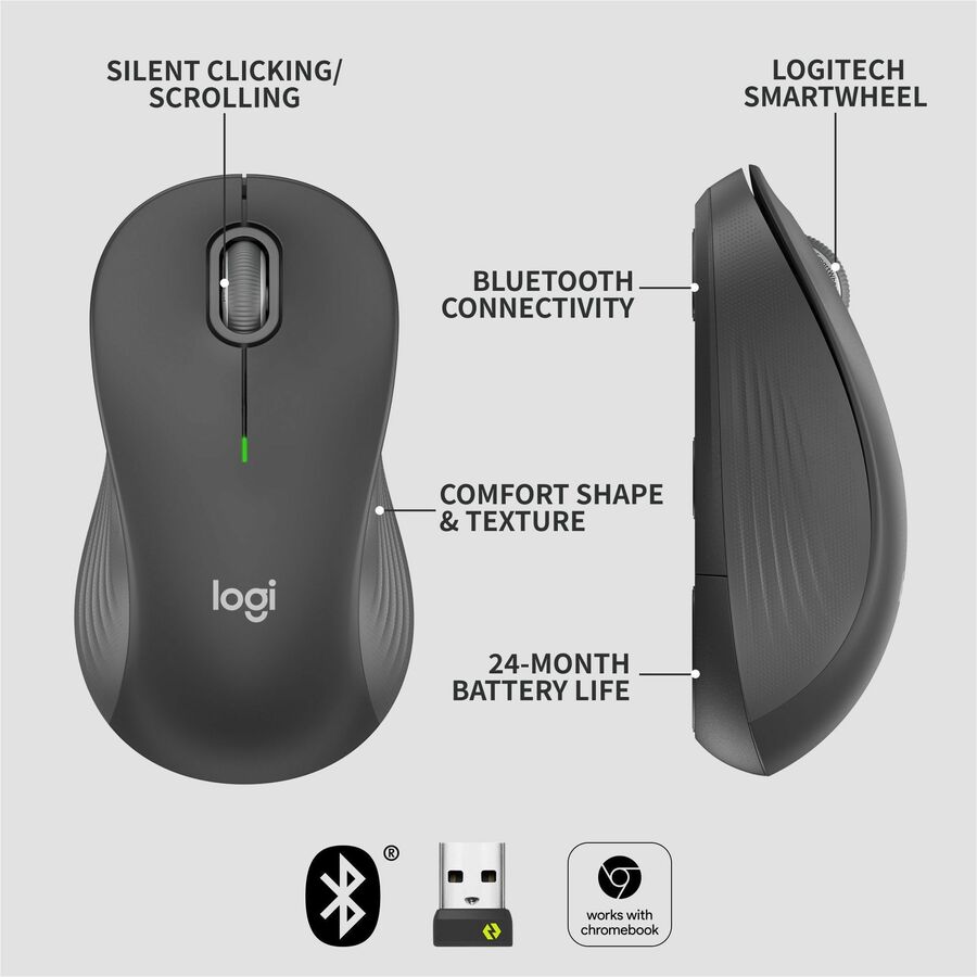 Logitech Signature M550L Wireless Mouse for Large Hands – 2-Year Battery Life, Silent Clicks, Bluetooth Connectivity, Graphite