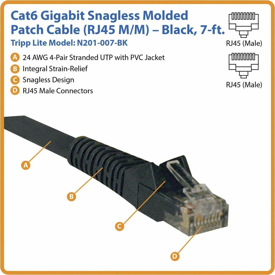Eaton Tripp Lite Series Cat6 Gigabit Snagless Ethernet Patch Cable - 7 ft Black