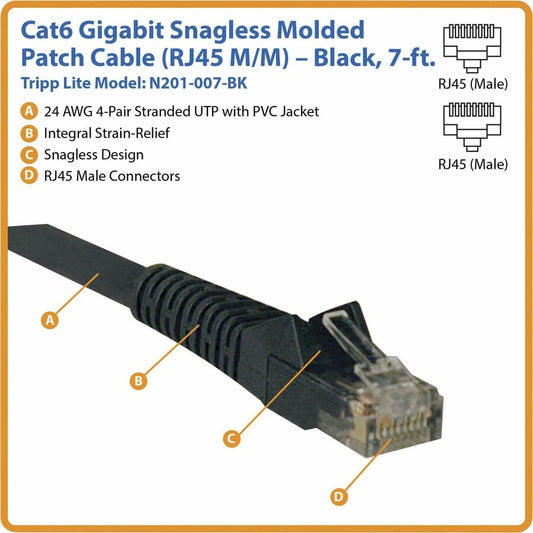 Eaton Tripp Lite Series Cat6 Gigabit Snagless Ethernet Patch Cable - 7 ft Black