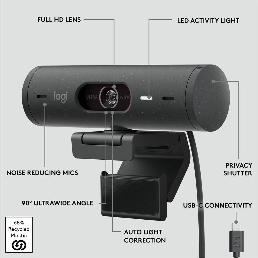 Logitech Brio 500 Full HD Webcam with Auto Framing, Noise-Reducing Microphones and Privacy Shutter - Graphite