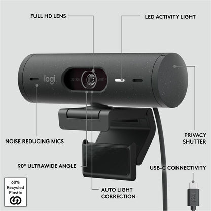 Logitech Brio 500 Full HD Webcam with Auto Framing, Noise-Reducing Microphones and Privacy Shutter - Graphite