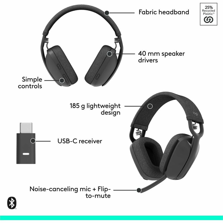 Logitech Zone Vibe Wireless Bluetooth Headset with USB-C Receiver and Noise-Canceling Microphone