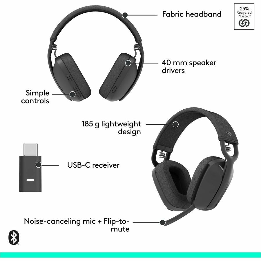 Logitech Zone Vibe Wireless Bluetooth Headset with USB-C Receiver and Noise-Canceling Microphone