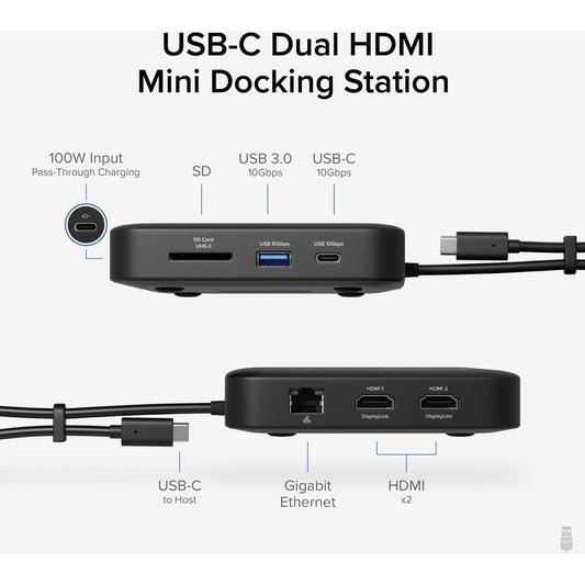 Plugable Technologies USB-C Dual HDMI Mini Docking Station (USBC-6950PDZ) for Mac and Windows