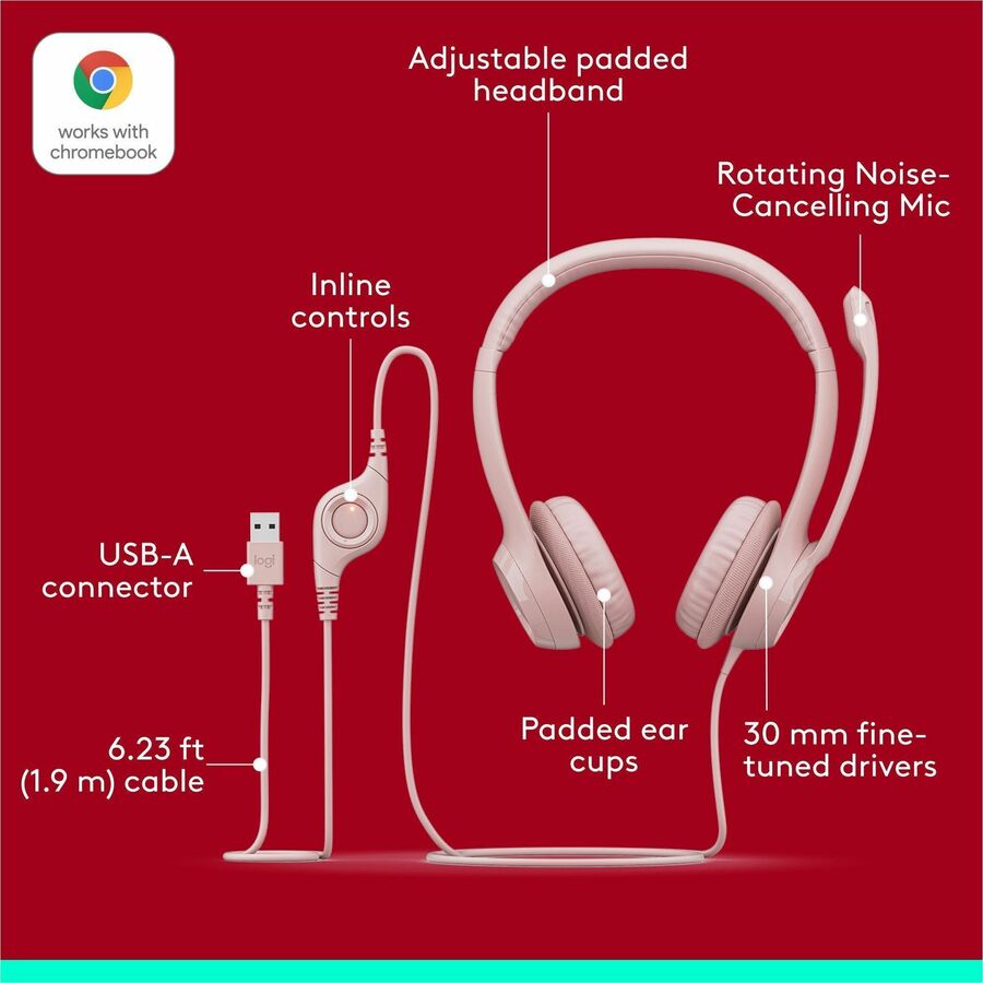 Logitech H390 USB-A Computer Headset in Rose - Noise-Canceling Microphone & Stereo Sound