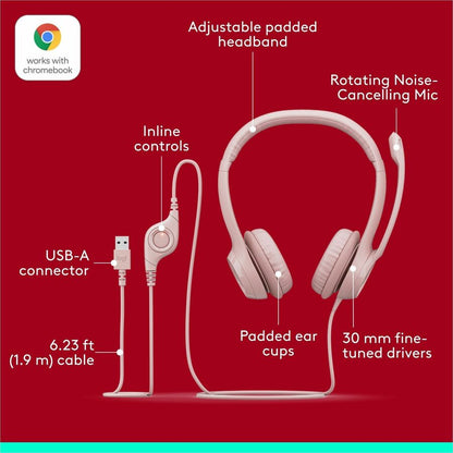 Logitech H390 USB-A Computer Headset in Rose - Noise-Canceling Microphone & Stereo Sound