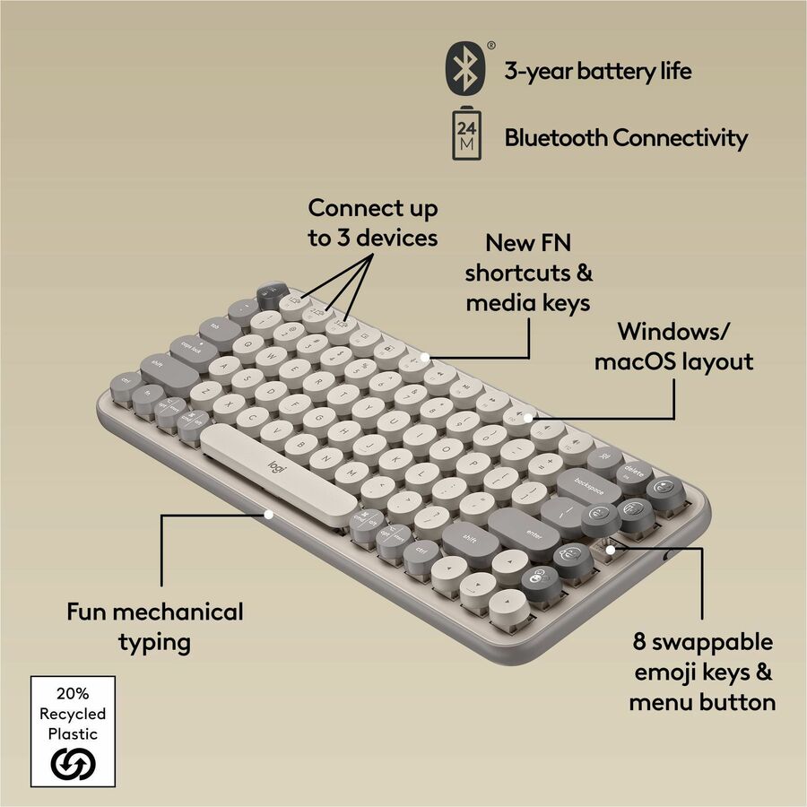Logitech POP Keys Wireless Mechanical Keyboard with Customizable Emoji Keys - Mist