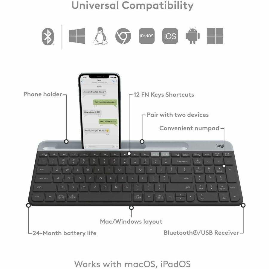 Logitech K585 Multi-Device Slim Wireless Keyboard with Built-in Device Cradle - Graphite
