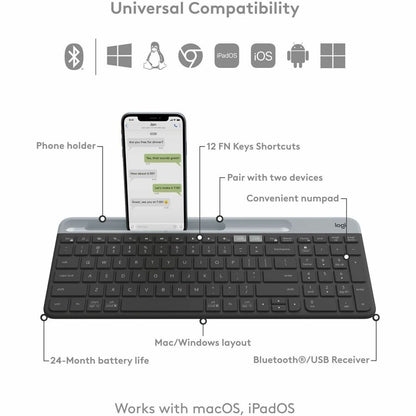 Logitech K585 Multi-Device Slim Wireless Keyboard with Built-in Device Cradle - Graphite
