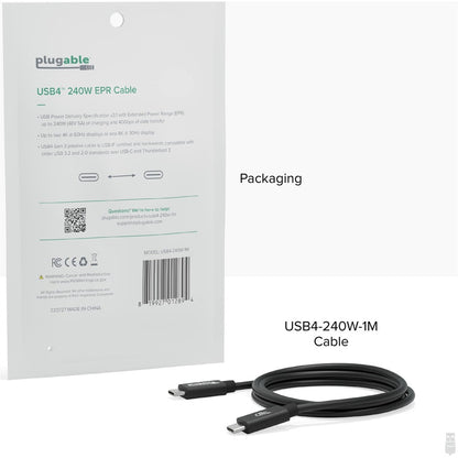 Plugable USB4 Cable with 240W Charging — 3.3 Feet (1M), USB-IF Certified for Fast Data & Power