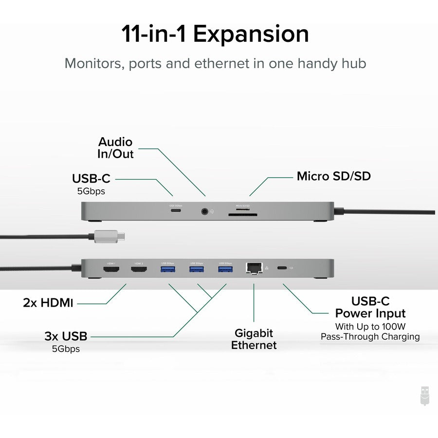 Plugable 11-in-1 USB-C Hub with 100W Pass-Through Charging and Dual 4K HDMI - Laptop Docking Station