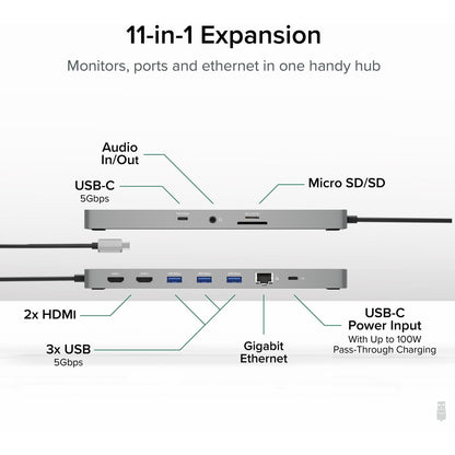 Plugable 11-in-1 USB-C Hub with 100W Pass-Through Charging and Dual 4K HDMI - Laptop Docking Station