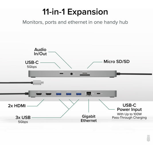 Plugable 11-in-1 USB-C Hub with 100W Pass-Through Charging and Dual 4K HDMI - Laptop Docking Station