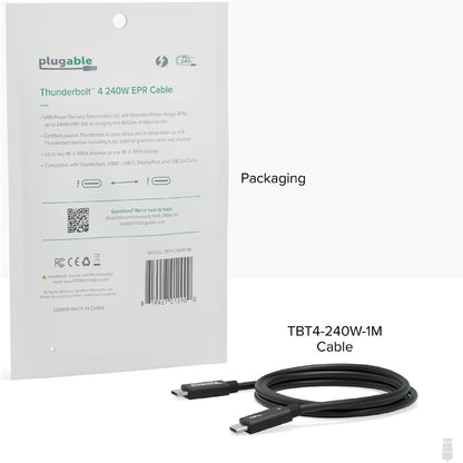 Plugable Thunderbolt 4 Cable with 240W Charging - 3.3 Feet (1M), 8K & Dual 4K Display Support, Thunderbolt Certified