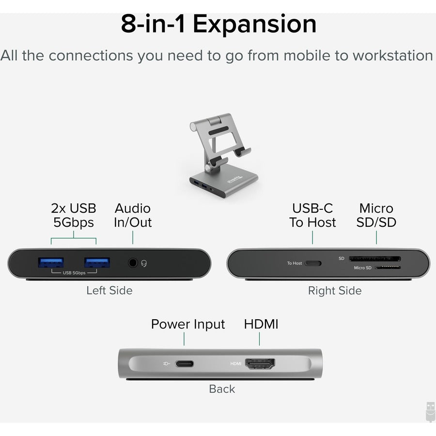 Plugable UDS-7IN1 8-in-1 USB-C Docking Station with Stand for iPad, Tablets, and Laptops