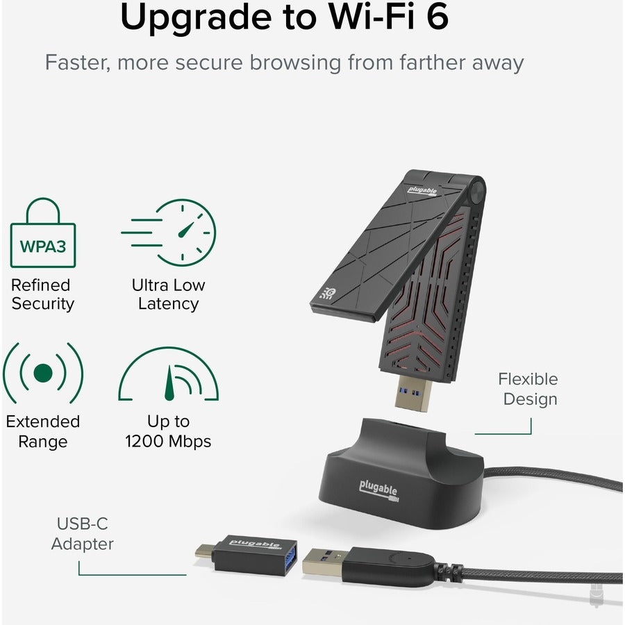 Plugable WiFi 6 USB Adapter for Desktop and Laptops - AX1800 Dual Band Wi-Fi 6 (USB-WIFIAX)