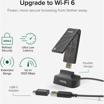 Plugable WiFi 6 USB Adapter for Desktop and Laptops - AX1800 Dual Band Wi-Fi 6 (USB-WIFIAX)