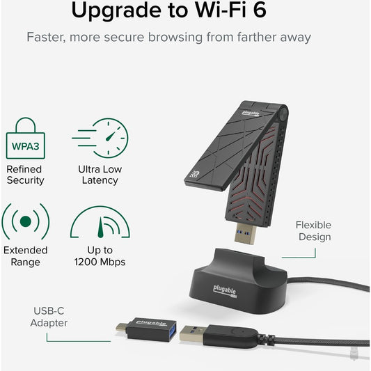 Plugable WiFi 6 USB Adapter for Desktop and Laptops - AX1800 Dual Band Wi-Fi 6 (USB-WIFIAX)