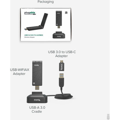 Plugable WiFi 6 USB Adapter for Desktop and Laptops - AX1800 Dual Band Wi-Fi 6 (USB-WIFIAX)