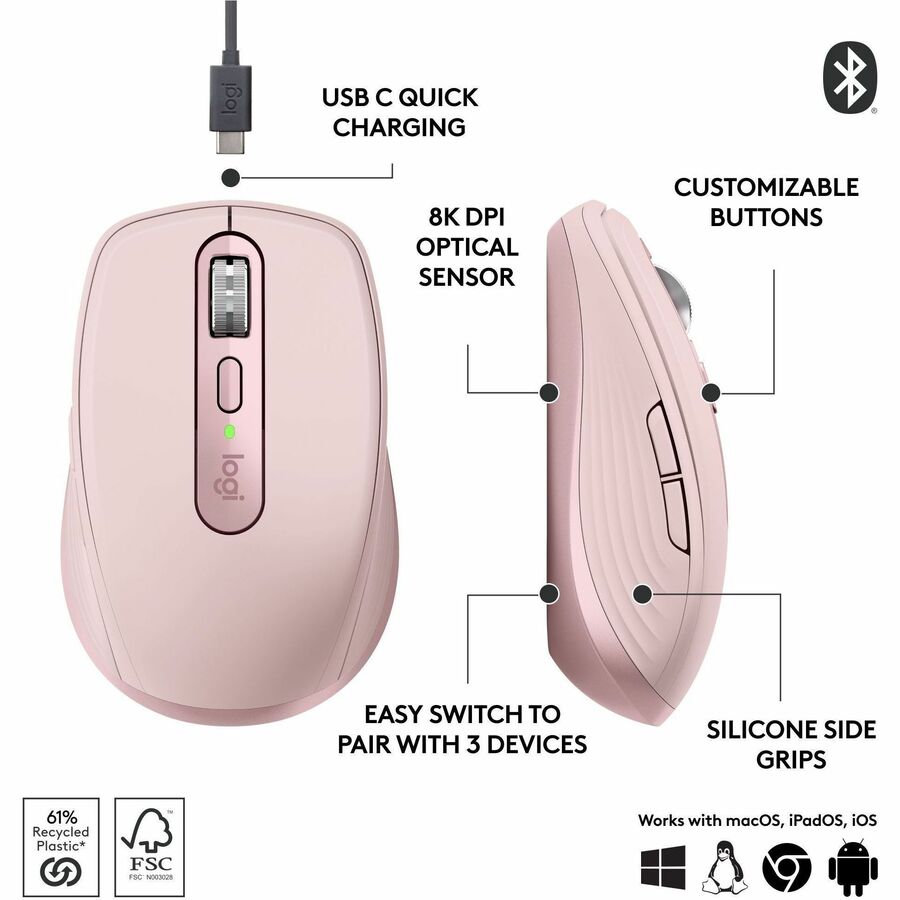 Logitech MX Anywhere 3S Wireless Bluetooth Mouse - Rose, Part Number 910-006927