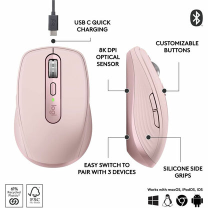 Logitech MX Anywhere 3S Wireless Bluetooth Mouse - Rose, Part Number 910-006927