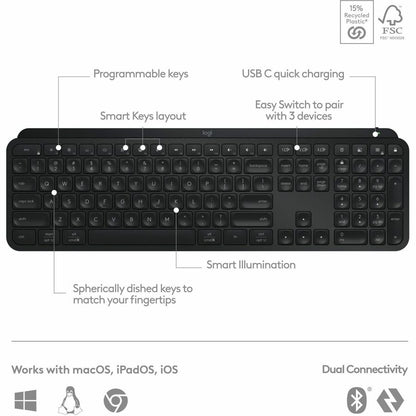 Logitech MX Keys S Wireless Keyboard – Low Profile, Fluid Precise Typing, USB-C Rechargeable, Black