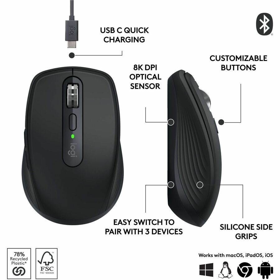 Logitech MX Anywhere 3S Compact Wireless Mouse with 8K DPI, Quiet Clicks, and Fast Scrolling in Black