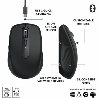Logitech MX Anywhere 3S Compact Wireless Mouse with 8K DPI, Quiet Clicks, and Fast Scrolling in Black