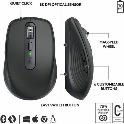 Logitech MX Anywhere 3S Wireless Mouse for Business – Bluetooth, Quiet Click, Secure Logi Bolt, Graphite