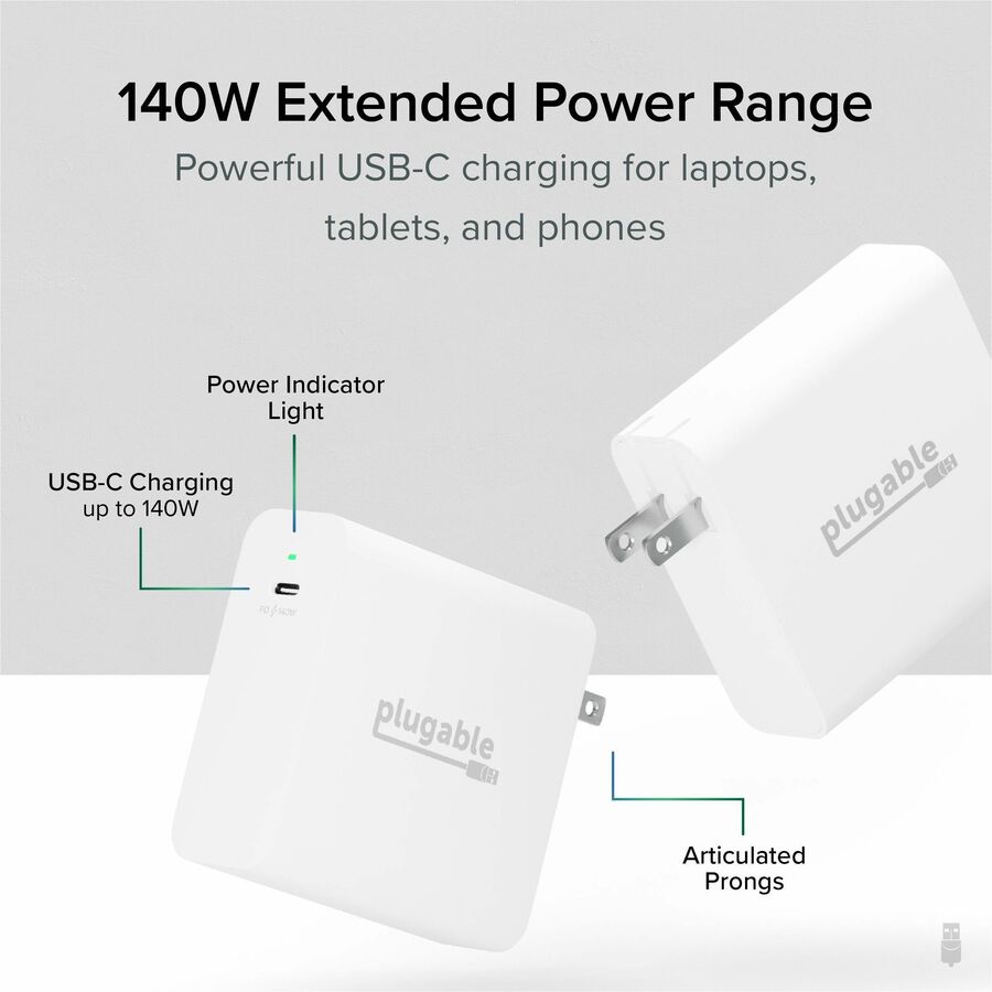 Plugable 140W USB-C GaN Wall Charger for Laptops, Tablets, and Phones