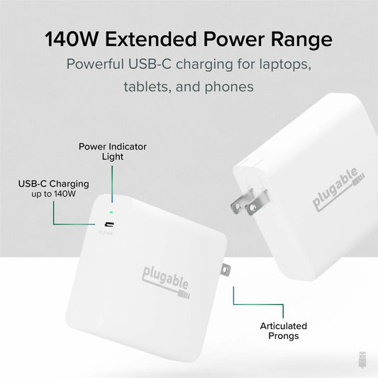 Plugable 140W USB-C GaN Wall Charger for Laptops, Tablets, and Phones