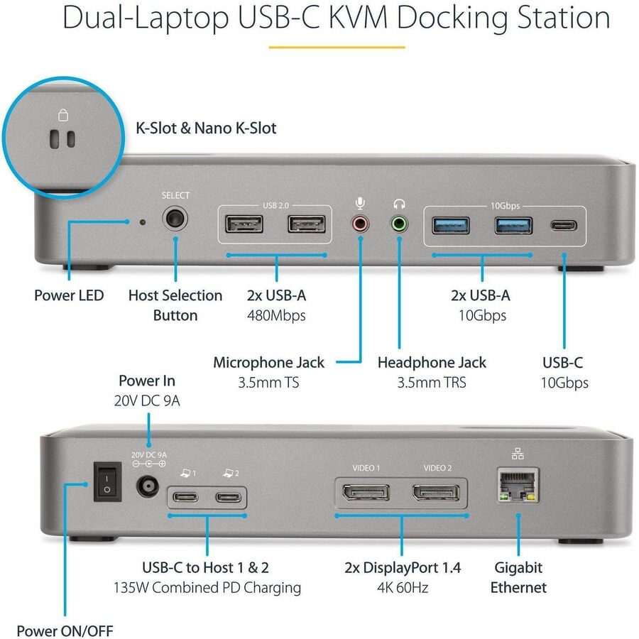 StarTech.com Dual-Laptop USB-C KVM Docking Station with Dual 4K DisplayPort, 7 USB Ports, and Gigabit Ethernet