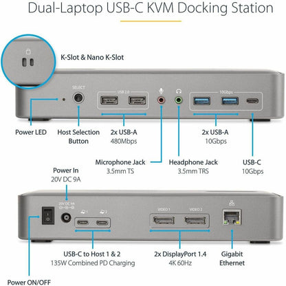 StarTech.com Dual-Laptop USB-C KVM Docking Station with Dual 4K DisplayPort, 7 USB Ports, and Gigabit Ethernet