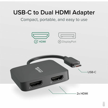 Plugable USB-C to HDMI Adapter for Dual Monitors 4K 60Hz - USBC-MSTH2