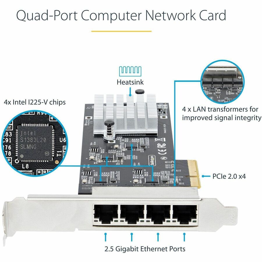 StarTech.com 4-Port 2.5GBASE-T PCIe Network Card with Intel I225-V - Quad Ethernet Adapter for Servers & PCs