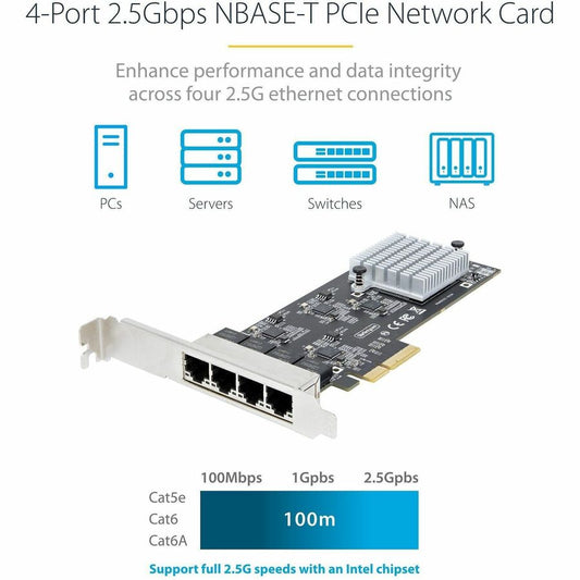 StarTech.com 4-Port 2.5GBASE-T PCIe Network Card with Intel I225-V - Quad Ethernet Adapter for Servers & PCs