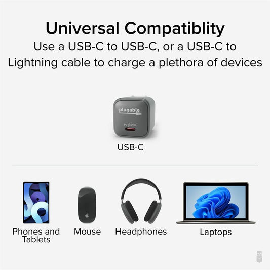 Plugable 30W USB-C GaN Charger – Fast Charging for iPhone, iPad, Galaxy, and USB-C Devices