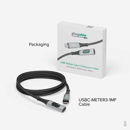 Plugable USB-C Extension Cable 3.3 ft with Digital Power Meter and 240W Power Delivery