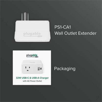 Plugable Technologies PS1-CA1 Wall Outlet Extender with USB-C and USB-A Ports – 32W Fast Charging Power Adapter