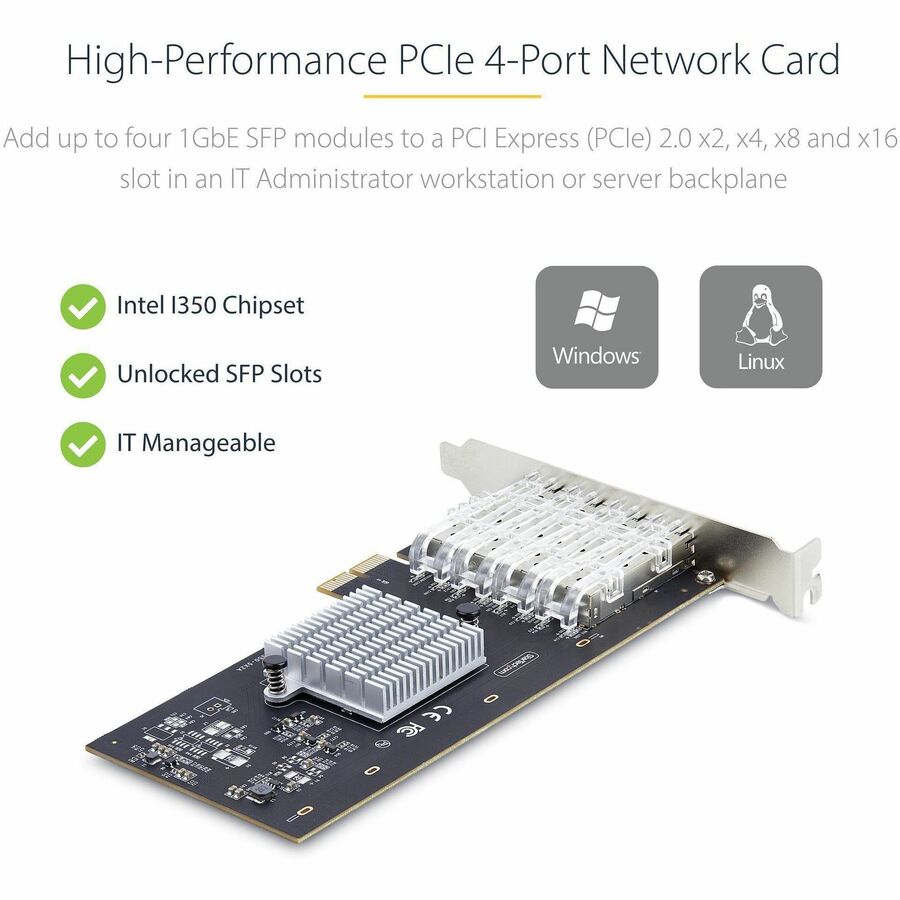StarTech.com 4-Port GbE SFP Network Card P041GINETWORKCARD with Intel I350-AM4 Chipset