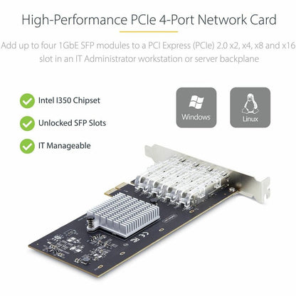 StarTech.com 4-Port GbE SFP Network Card P041GINETWORKCARD with Intel I350-AM4 Chipset
