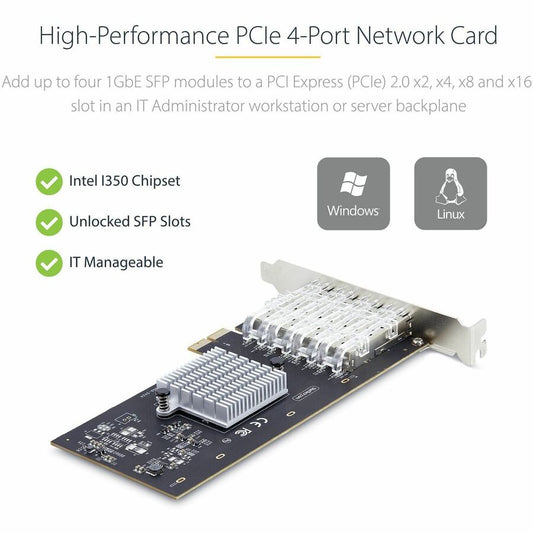 StarTech.com 4-Port GbE SFP Network Card P041GINETWORKCARD with Intel I350-AM4 Chipset