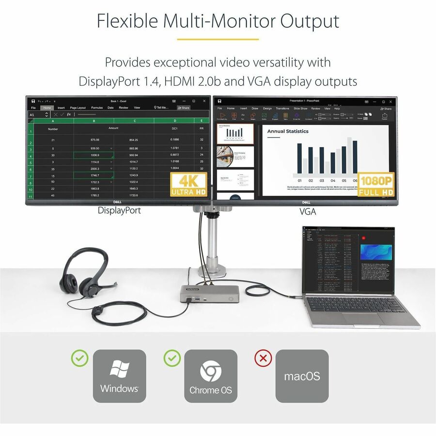 StarTech.com Dual-Monitor USB-C Docking Station with 7-Port USB Hub and 4K Support - Part No. 101N-USBC-DOCK