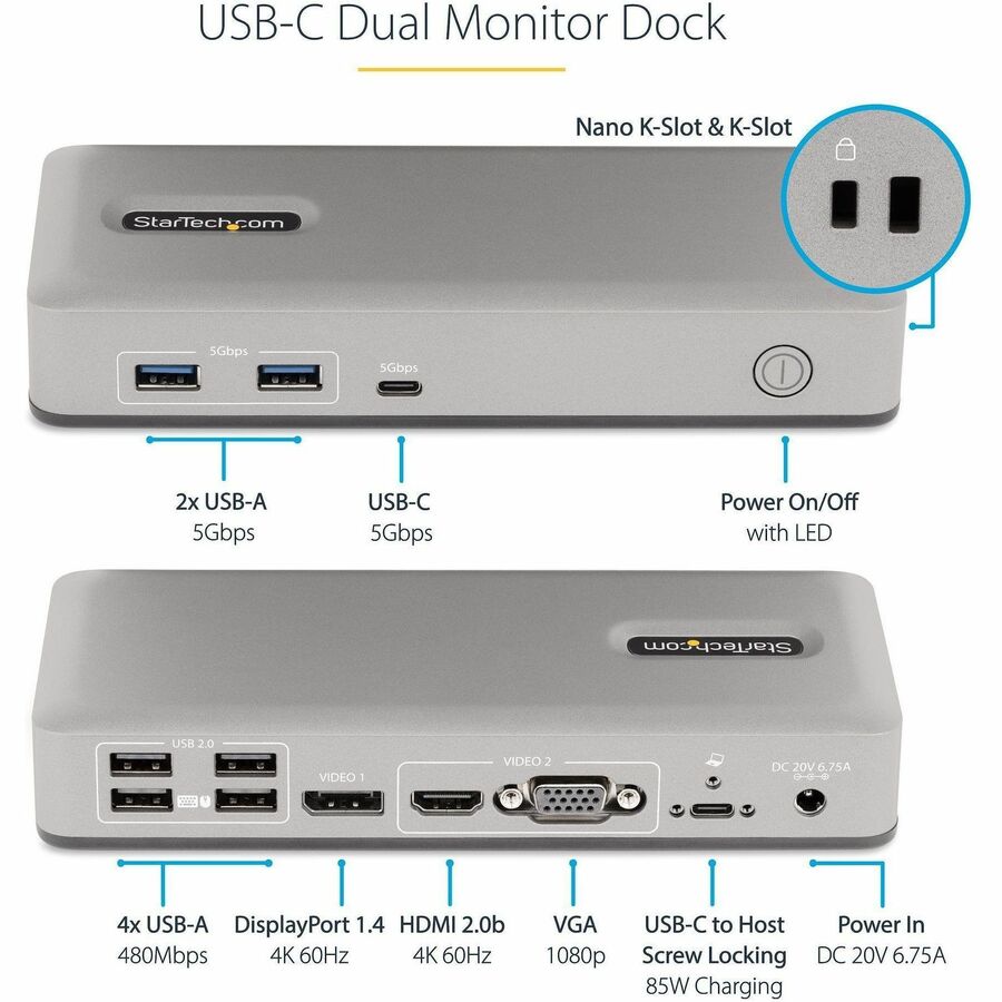 StarTech.com Dual-Monitor USB-C Docking Station with 7-Port USB Hub and 4K Support - Part No. 101N-USBC-DOCK