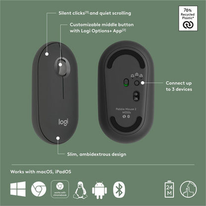 Logitech Pebble Mouse 2 M350s Wireless Bluetooth Mouse with Quiet Clicks and 4,000 dpi – Tonal Graphite