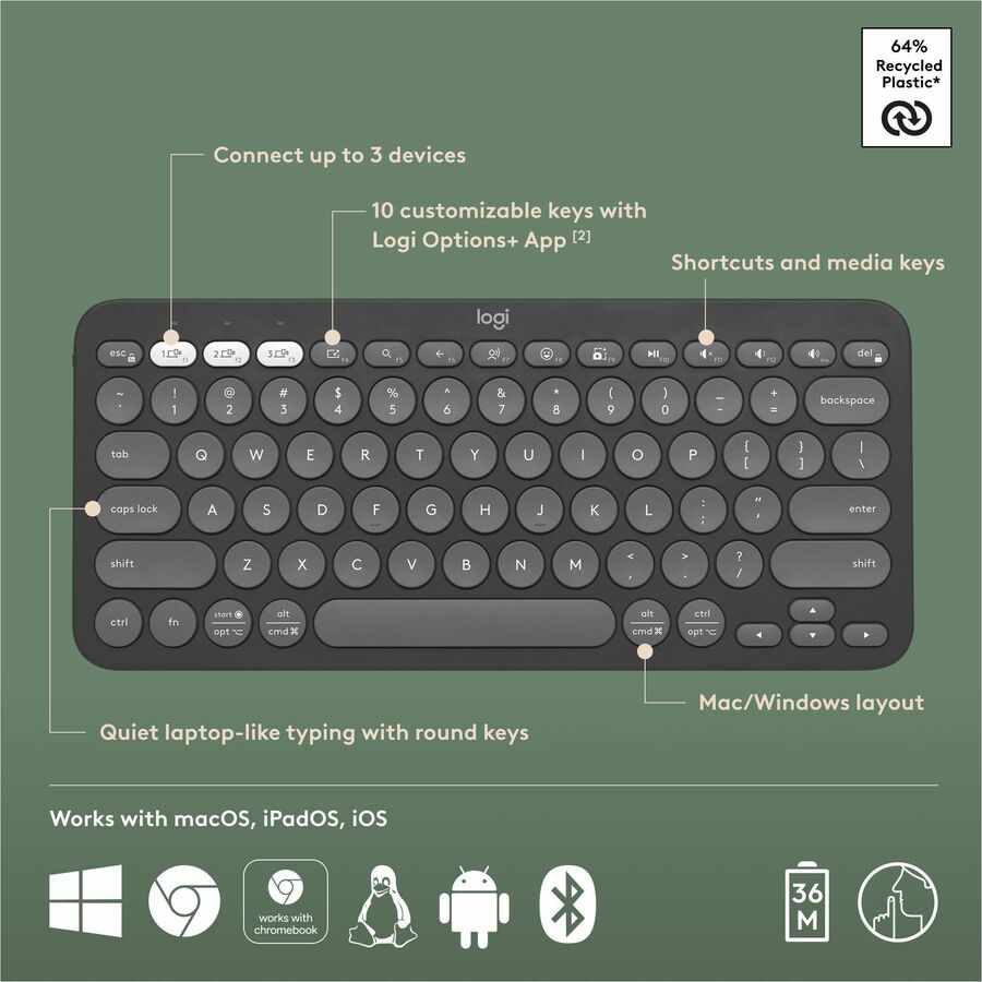 Logitech Pebble Keys 2 K380s Wireless Bluetooth Keyboard with Recycled Plastic, Multi-Device Compatibility, and Up to 3-Year Battery Life