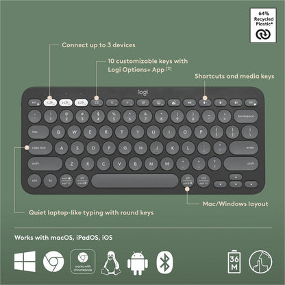 Logitech Pebble Keys 2 K380s Wireless Bluetooth Keyboard with Recycled Plastic, Multi-Device Compatibility, and Up to 3-Year Battery Life