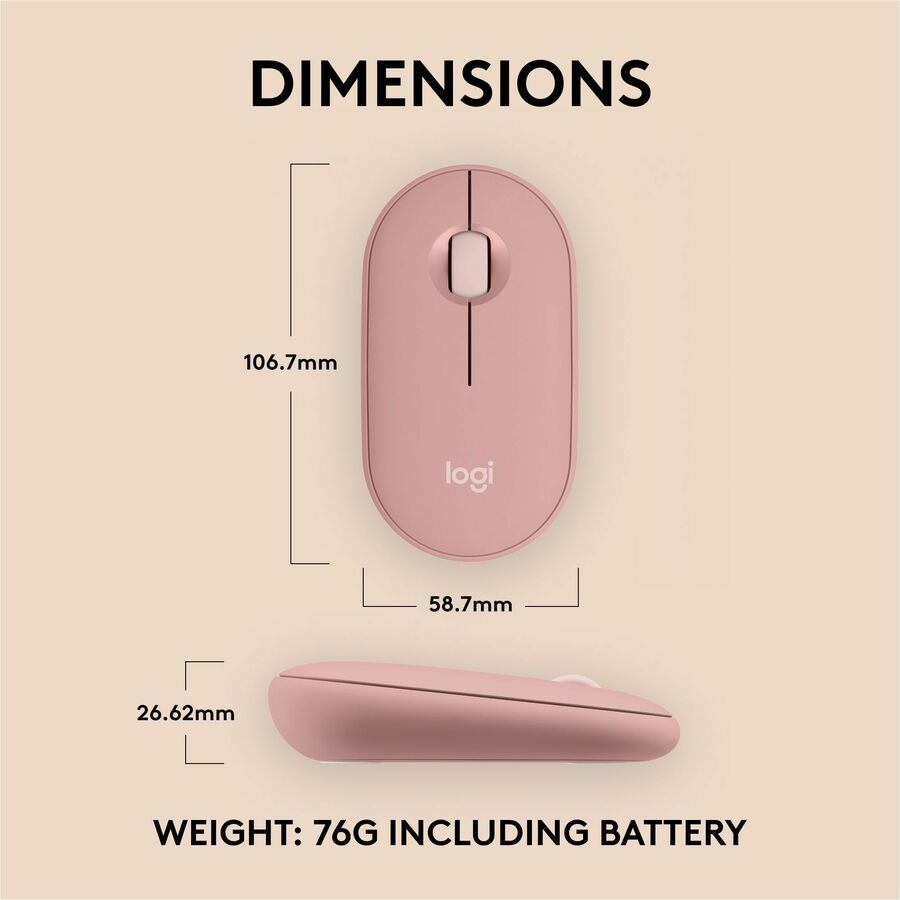 Logitech Pebble Mouse 2 M350s Wireless Bluetooth Mouse - Slim, Portable, Quiet Clicks, Tonal Rose