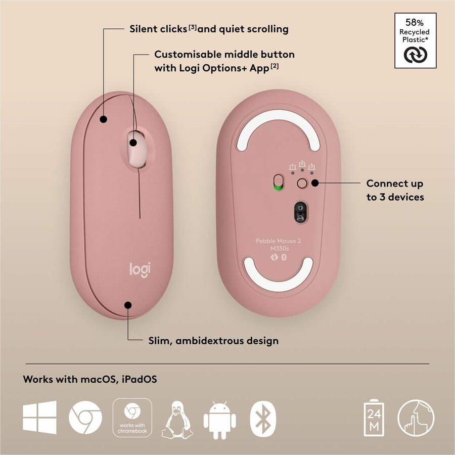 Logitech Pebble Mouse 2 M350s Wireless Bluetooth Mouse - Slim, Portable, Quiet Clicks, Tonal Rose