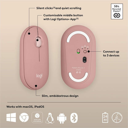 Logitech Pebble Mouse 2 M350s Wireless Bluetooth Mouse - Slim, Portable, Quiet Clicks, Tonal Rose